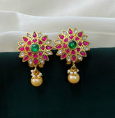 Beautiful Green Pearl Flower Kundan Earrings - KE00121